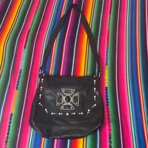 Leatherock USA Studded Shoulder Messenger Bag Purse Rhinestone Cross